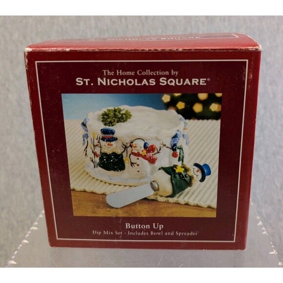 VTG St. Nicholas Square Button Up Snowman Dip Mix Set Bowl & Spreader - Picture 1 of 10